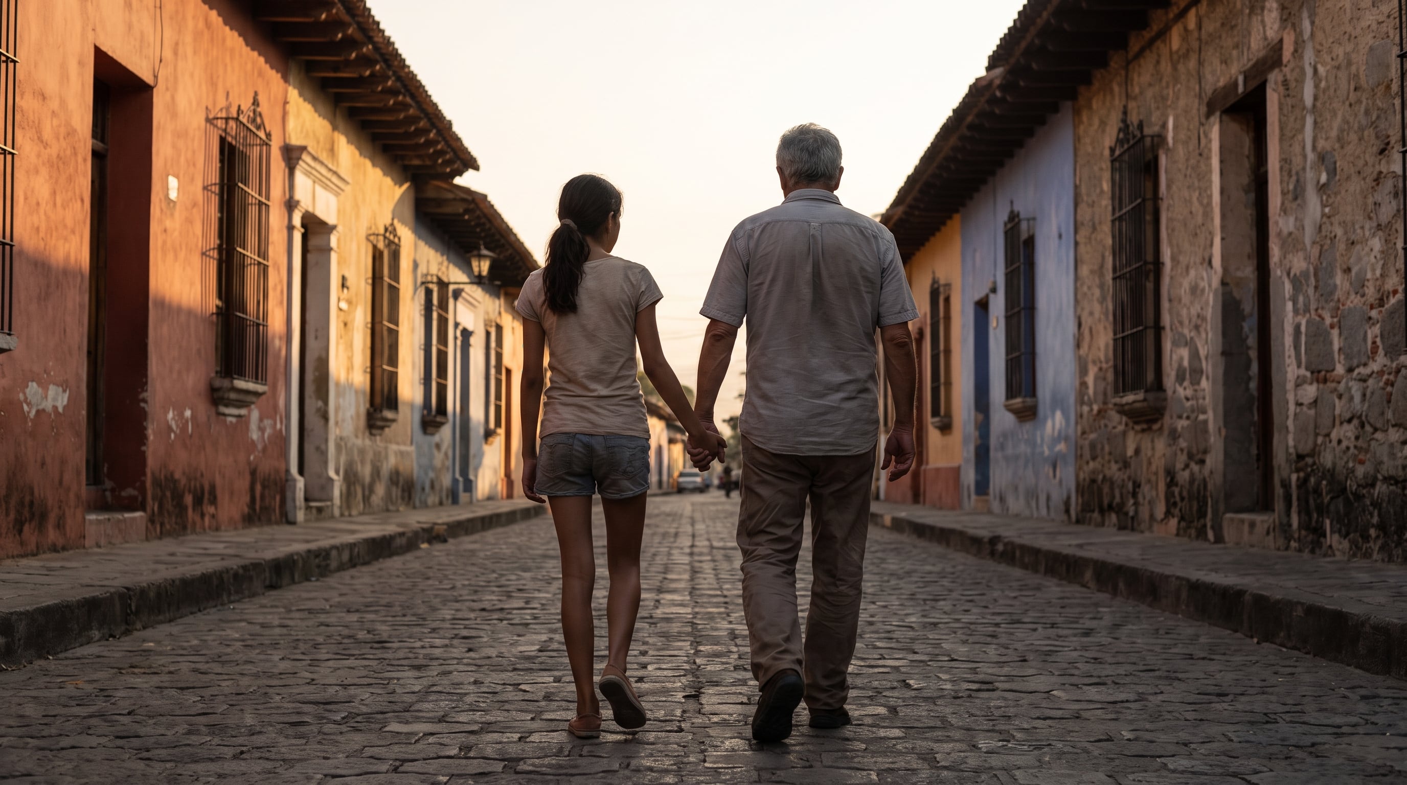 Un hombre adulto mayor y una joven caminan de la mano por una calle empedrada flanqueada por fachadas de estilo colonial. (Imagen Ilustrativa Infobae)