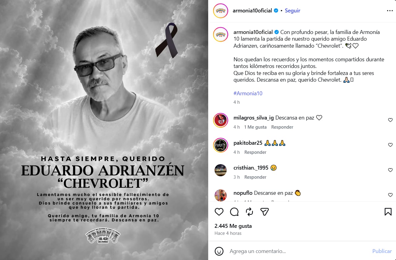 La agrupación Armonía 10 despidió a Adrianzén con mensajes de condolencias dedicados a su familia en redes sociales.