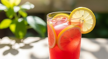 Un vaso alto con jugo rojo brillante, hielo y rodajas de limón sumergidas, una de ellas en el borde, sobre un fondo borroso de vegetación y luz solar.