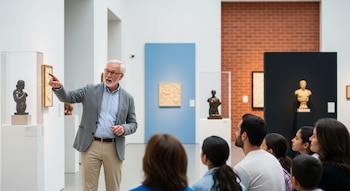 Un hombre canoso con gafas señala una escultura en una vitrina a un grupo de personas de espaldas en una sala de museo con diversas obras de arte.