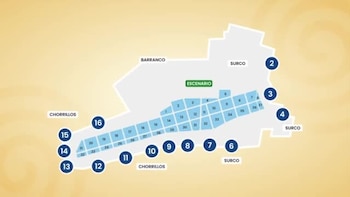 Mapa esquemático con sectores numerados en color celeste, un recuadro verde para el escenario y círculos de acceso en los límites distritales