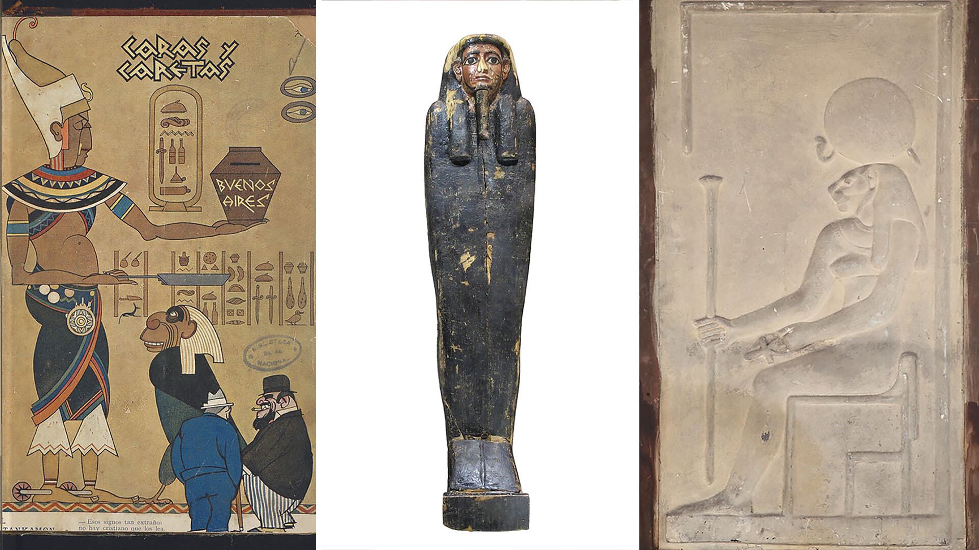 “El Tutankhamon criollo”, Revista Caras y Caretas (1927), ataúd egipcio de la momia Herwodj y relieve de Sekhmet (Biblioteca Nacional MM, Museo de Ciencias Naturales de La Plata y MNBA)