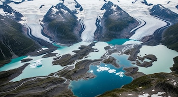Vista aérea de una cordillera con picos nevados, múltiples glaciares blancos descendiendo y numerosas lagunas de color azul turquesa en valles rocosos.