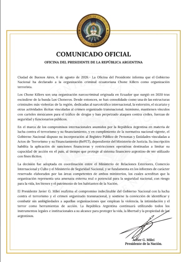 La incorporación al RePET habilita sanciones financieras y restricciones operativas destinadas a limitar la capacidad de acción de los Chone Killers en territorio argentino