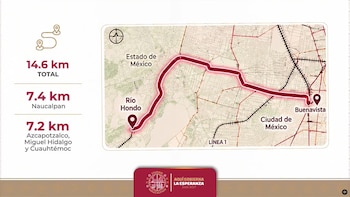 Mapa con una línea roja que une Río Hondo y Buenavista, junto a cifras de distancias en kilómetros y un emblema institucional inferior