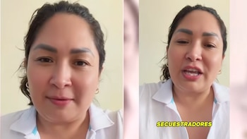 Dos capturas de pantalla de una mujer con camisa blanca que habla frente a la cámara, con la palabra secuestradores en letras amarillas