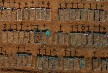 Una imagen aérea de cruces proyectando sombras en el cementerio Parque Taruma, en medio del brote de coronavirus, en Manaos, Brasil, Junio 15, 2020. Fotografía tomada con un dron. REUTERS/Bruno Kelly