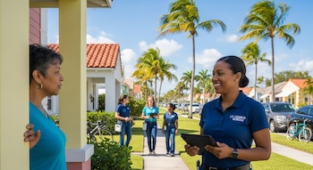Una trabajadora del censo de EE. UU. con una camisa azul y una tableta sonríe mientras habla con una mujer en la entrada de una casa, con palmeras al fondo.