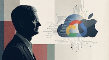 Silueta de perfil de un directivo de Apple con gafas mirando una nube digital con colores de Google fusionada con el logo de Apple, conectadas por circuitos flotantes.