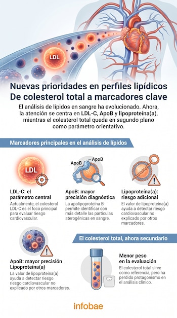 Infografía médica de torso con corazón y vasos sanguíneos; en ellos, partículas con etiquetas LDL, ApoB y lipoproteína(a). Incluye tubo de ensayo y balanza.