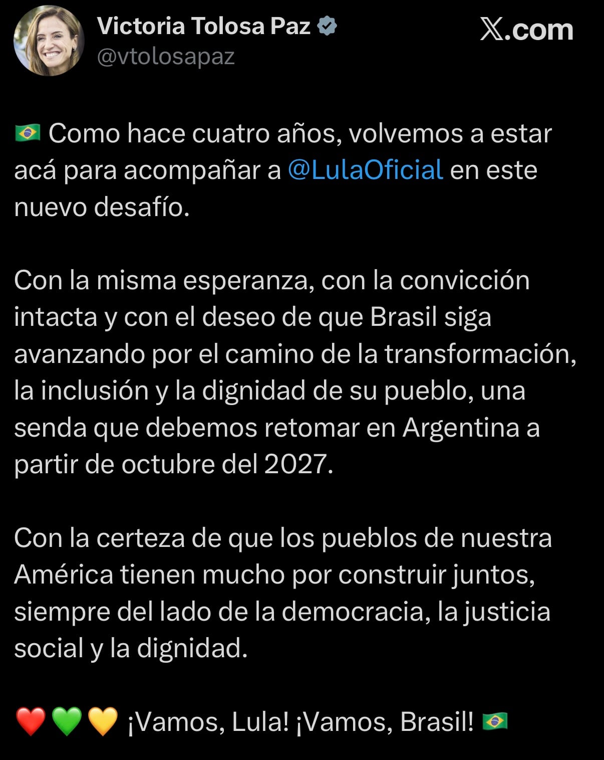 El mensaje de Tolosa Paz en apoyo a Lula