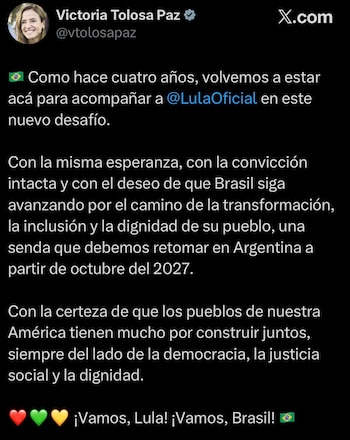 El mensaje de Tolosa Paz en apoyo a Lula
