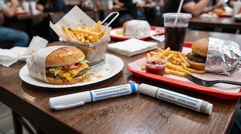 Dos inyectables con etiquetas de control de peso sobre una mesa junto a hamburguesas, papas fritas y un refresco.