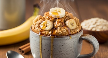 Mug Cake de avena y plátano caliente en una taza, con rodajas de plátano, copos de avena, miel y vapor. Alrededor hay plátano, canela y avena.