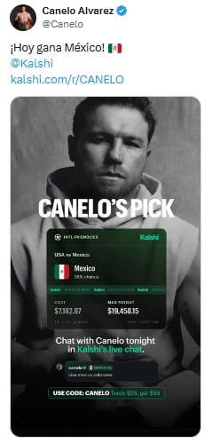 El pugilista realizó una apuesta de más de 130 mil pesos mexicanos a favor del triunfo del Tricolor. (X/ @Canelo)