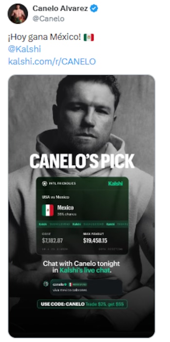 El pugilista realizó una apuesta de más de 130 mil pesos mexicanos a favor del triunfo del Tricolor. (X/ @Canelo)