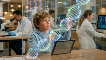 Un niño rubio en una sudadera azul interacciona con un modelo holográfico de ADN y cromosomas en una pantalla transparente. Hay un iPad y científicos en el fondo