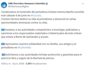 ONU condenó homicidio de Cristian Herrera y pidió garantías para periodistas en Colombia - crédito @ONUHumanRights/X