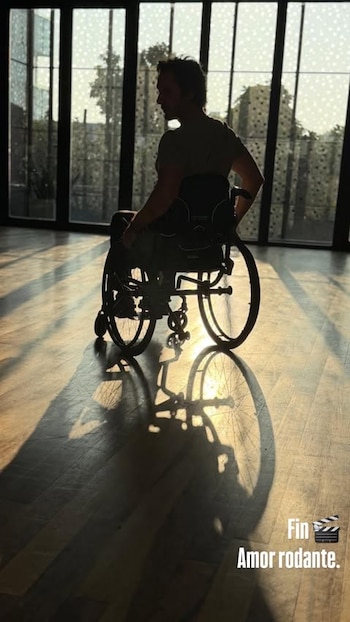 Benjamín Vicuña en silla de ruedas, en silueta frente a ventanales grandes. Suelo de madera y sombras. Texto 'Fin Amor rodante' y claqueta