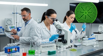 Tres científicos en un laboratorio con microscopio, pipetas, tubos de ensayo, beakers, centrifugadora y una pantalla que muestra una microalga verde.