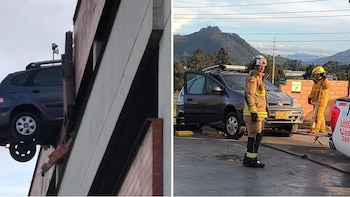 Camioneta quedó colgando tras golpear un muro en un parqueadero de Zipaquirá: la conductora se salvó de caer de un quinto piso