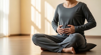 Persona sentada en el suelo con las piernas cruzadas y las manos sobre el abdomen, vestida de gris, en una habitación luminosa con sombras de ventana.