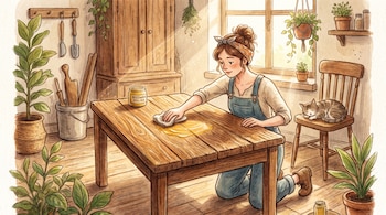 Ilustración de una mujer aplicando cera en una mesa de madera. Un frasco de cera, un paño y un gato durmiendo en una silla también son visibles.