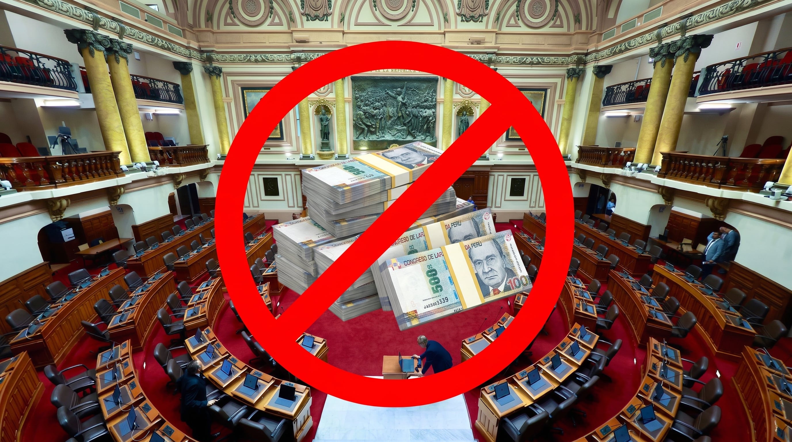 El pleno del Congreso de Perú, con fajos de billetes de soles y un símbolo de prohibición, representa la restricción a su iniciativa de gastos. (Imagen Ilustrativa Infobae)