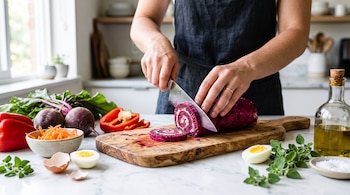 Manos sostienen un cuchillo para cortar un rollo de remolacha sobre una tabla de madera junto a verduras frescas y una botella de aceite.
