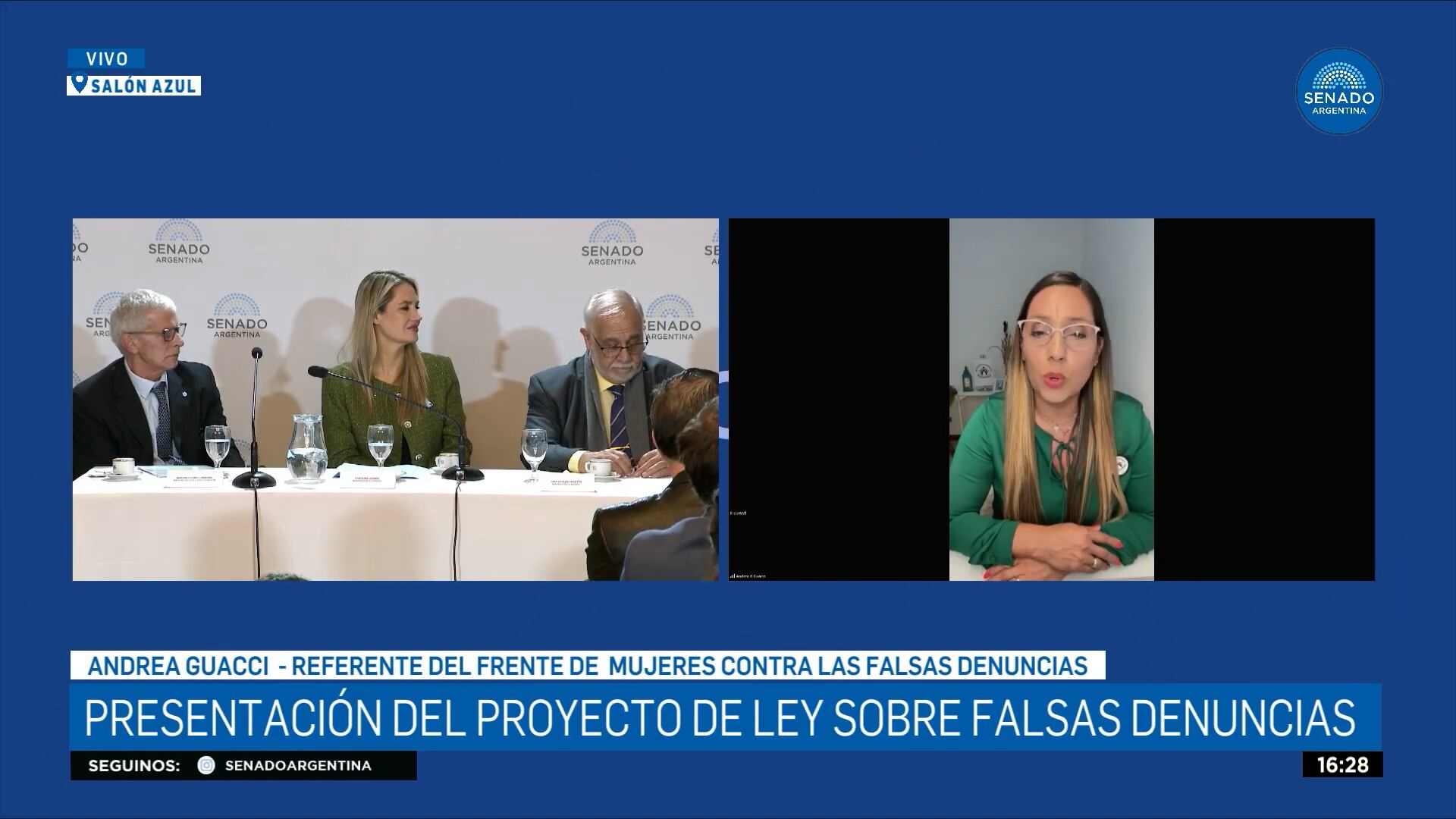 Andrea Guacci, durante su intervención, desde Italia donde reside actualmente, en la presentación del proyecto de ley sobre falsas denuncias, junto al ministro de Justicia, Mariano Cúneo Libarona y los senadores Carolina Losada y Juan Carlos Pagotto