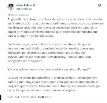 Isabel Zuleta respondió que Ángela María Buitrago actuó con “deslealtad” y cuestionó que, tras salir del cargo, critique el proceso de paz que representó - crédito @ISAZULETA/X