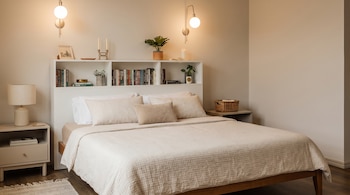 Cama matrimonial con ropa de cama a cuadros beige, estantería blanca con libros sobre el cabecero, dos lámparas de pared y mesa de noche.