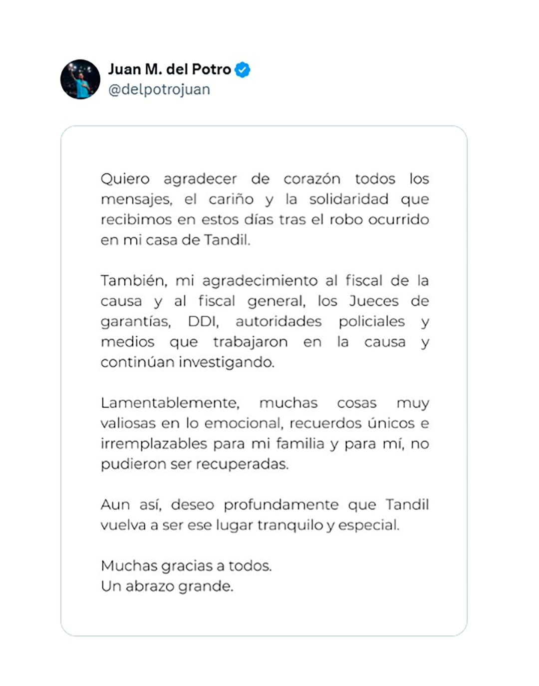 El posteo que compartió Del Potro en su cuenta de X