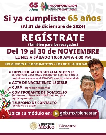 Este programa ofrece un apoyo económico bimestral de seis mil pesos a los adultos mayores de 65 años o más que cumplan antes del 31 de diciembre de 2024.