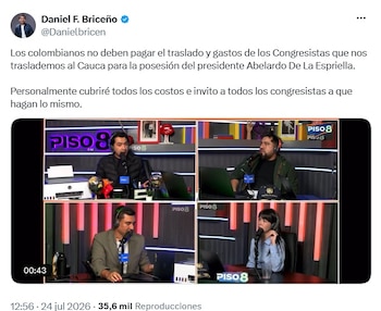 Daniel Briceño afirmó que los colombianos no deben asumir el traslado de los legisladores que viajen al Cauca para la posesión del presidente Abelardo De La Espriella y anunció que pagará sus pasajes con dinero propio - crédito @Danielbricen/X