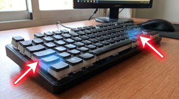 Primer plano de un teclado QWERTY negro y blanco sobre madera. Dos flechas rojas apuntan a las teclas "Mayús", que tienen un resplandor azul.