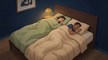 Un hombre y una mujer duermen en una cama de madera, cada uno cubierto por un edredón individual distinto.