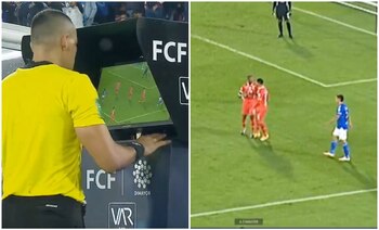 El polémico agarrón que protagonizaron dos jugadores del América en el partido contra Millonarios. Capturas de pantalla (Win Sports)