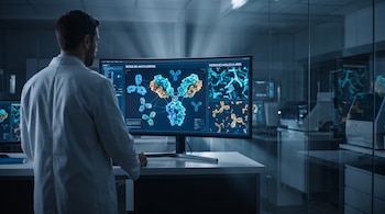 Un hombre con bata blanca observa un monitor que muestra gráficos de anticuerpos y estructuras moleculares en un laboratorio.