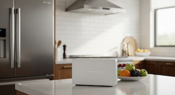 Un router moderno de color blanco con luces LED horizontales descansa sobre una encimera de mármol en una cocina doméstica, con un frigorífico y una ventana al fondo.