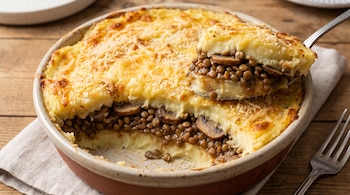 Una fuente ovalada con pastel de papas gratinado; una cuchara levanta una porción que muestra capas de puré de patatas, lentejas y champiñones.