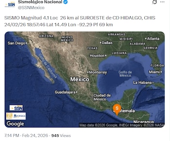 El temblor ocurrió la tarde de este martes 24 de febrero. Foto: X/@SSNMexico.