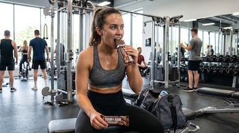 Mujer sudorosa sentada en un banco de gimnasio, mordiendo una barra de chocolate. Se ve una bolsa de deporte y equipo de fitness en el fondo con otras personas.