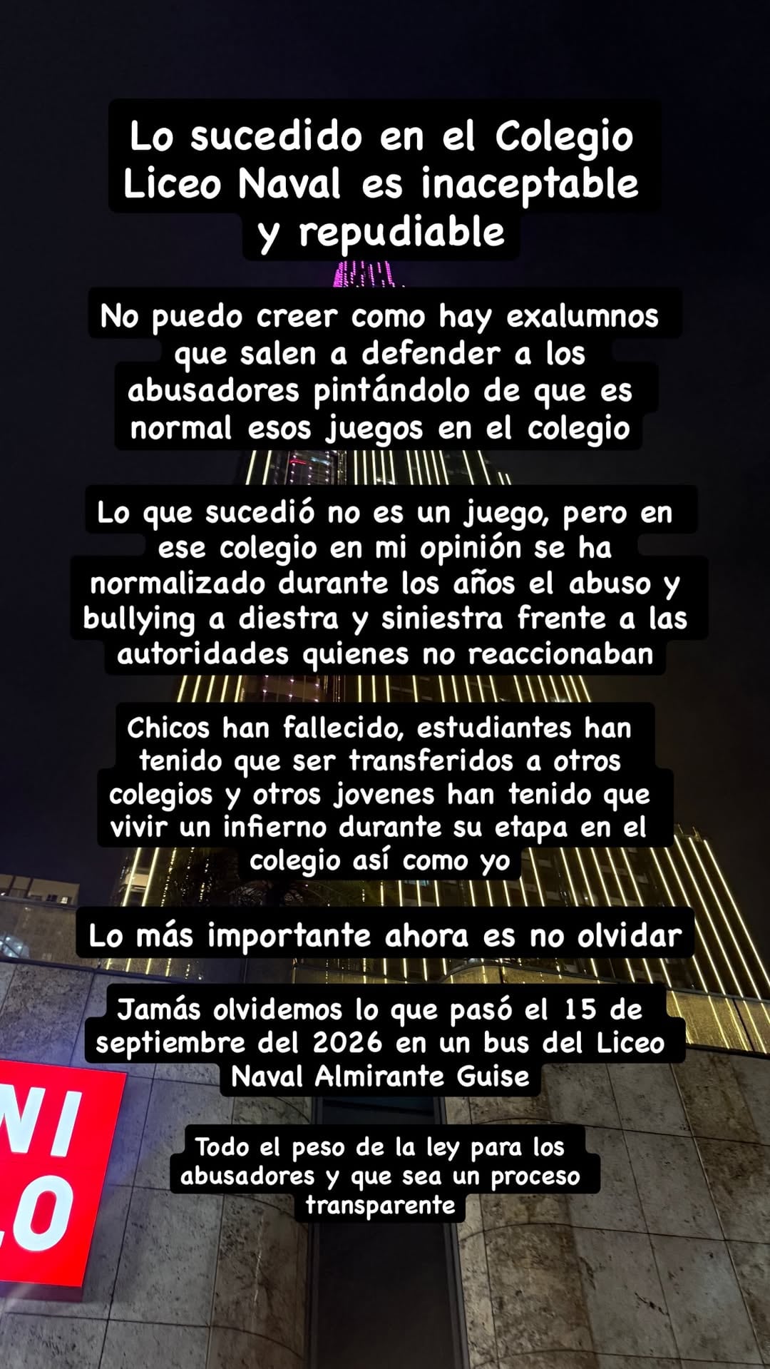 La creadora de contenido aseguró que sufrió bullying, amenazas e insultos durante tres años como alumna del Liceo Naval.