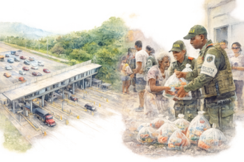 Una ilustración de acuarela muestra peajes en una carretera de Colombia y a agentes de policía entregando ayuda humanitaria a personas damnificadas por un terremoto - crédito