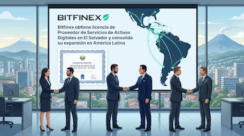 Representación digital de ejecutivos de Bitfinex en una oficina moderna, con una pantalla mostrando el anuncio de su licencia y un mapa de América Latina.