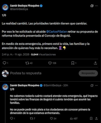 Pie de foto – Samir Bedoya:
Samir Bedoya Piraquive, concejal de Bogotá por Mira, pidió retirar temporalmente la reforma tributaria y priorizar la atención de la emergencia provocada por el terremoto - crédito Samir Bedoya/X