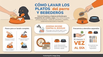 Infografía con ilustraciones de platos de perro, bebederos, un grifo de agua, una esponja, jabón y textos explicativos de limpieza.