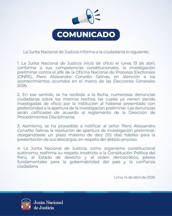 Documento oficial azul y blanco de la Junta Nacional de Justicia (JNJ) que anuncia una investigación preliminar, con un megáfono en la parte superior y el logo de la JNJ en la inferior