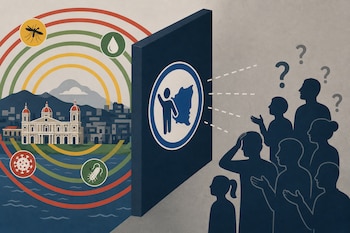 Una pared con un logotipo azul separa una ciudad rodeada por ondas e iconos de virus de varias siluetas humanas con signos de interrogación.